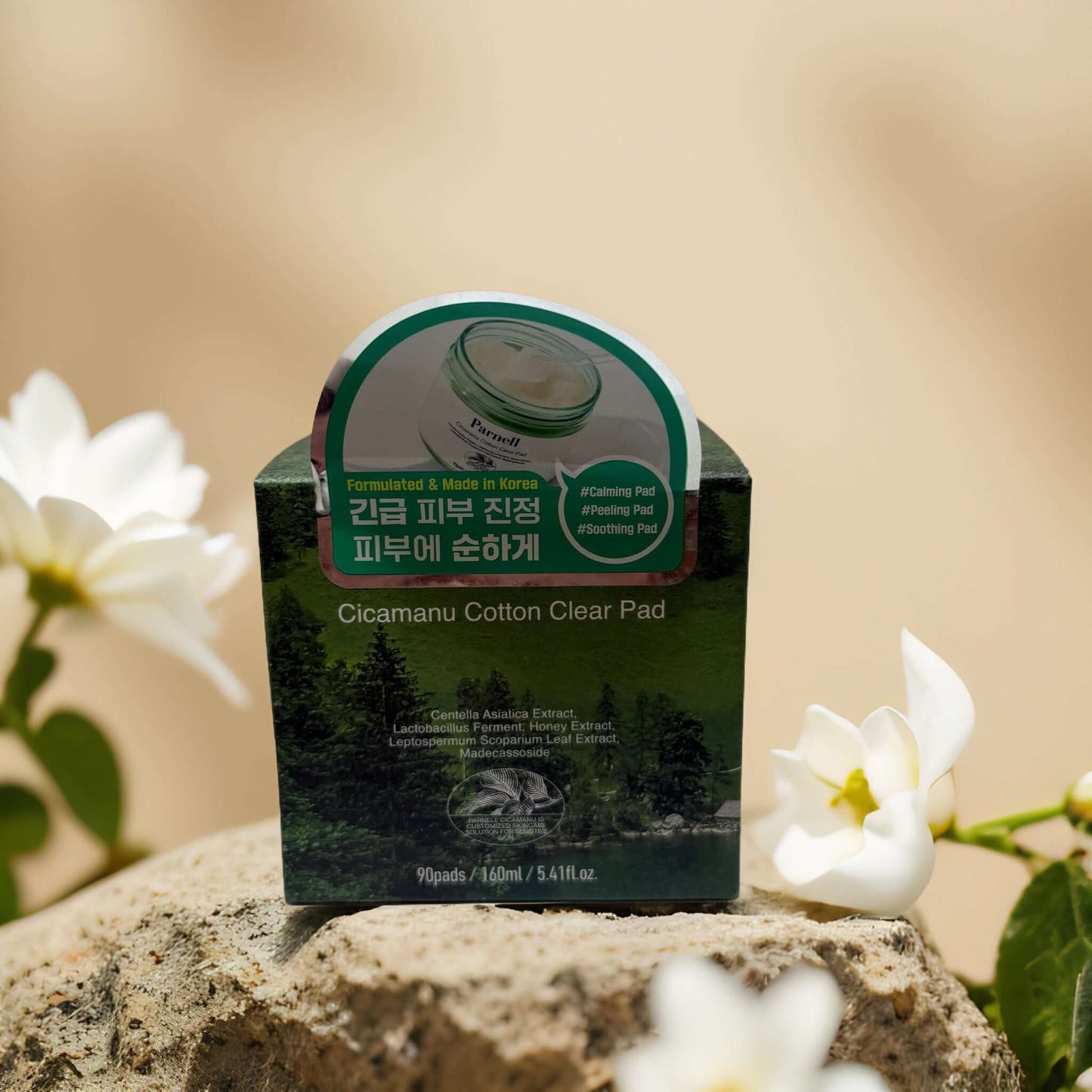 Cicamanu Cotton Clear Pad by Parnell in packaging, designed for soothing and clarifying sensitive skin.
