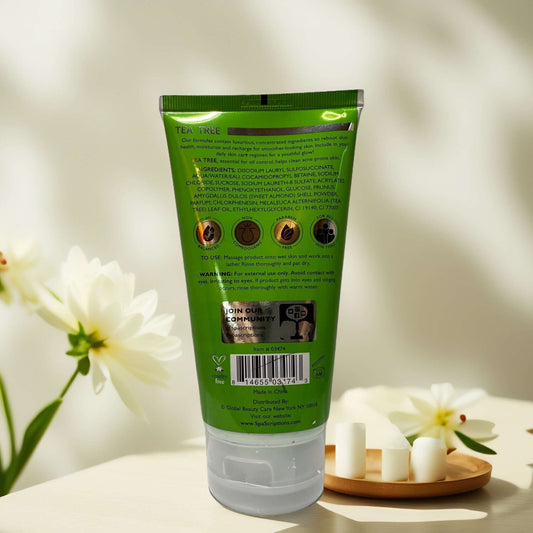 Back of SpaScriptions Tea Tree Exfoliating Scrub tube with ingredients.