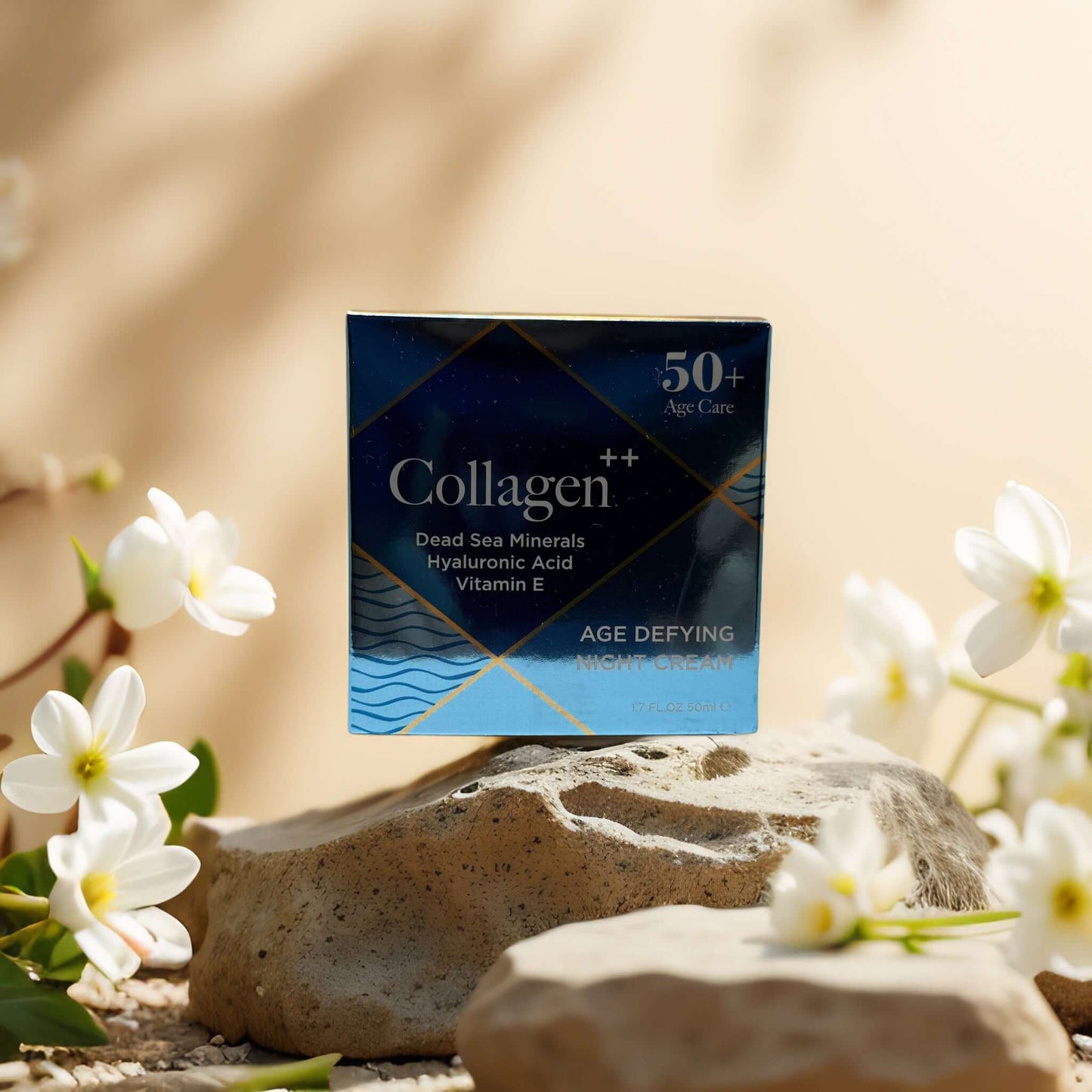 Collagen++ Age-Defying Night Cream box with Dead Sea minerals and hyaluronic acid, surrounded by flowers.