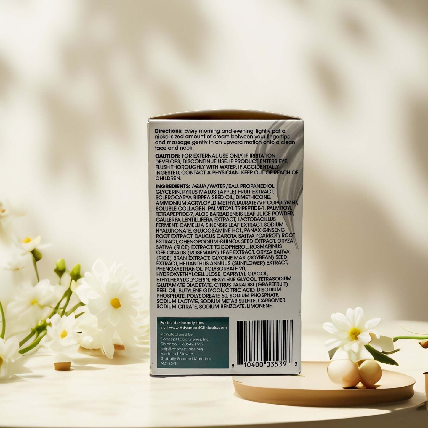 Back of Advanced Clinicals Collagen Multi-Lift Moisturizer box