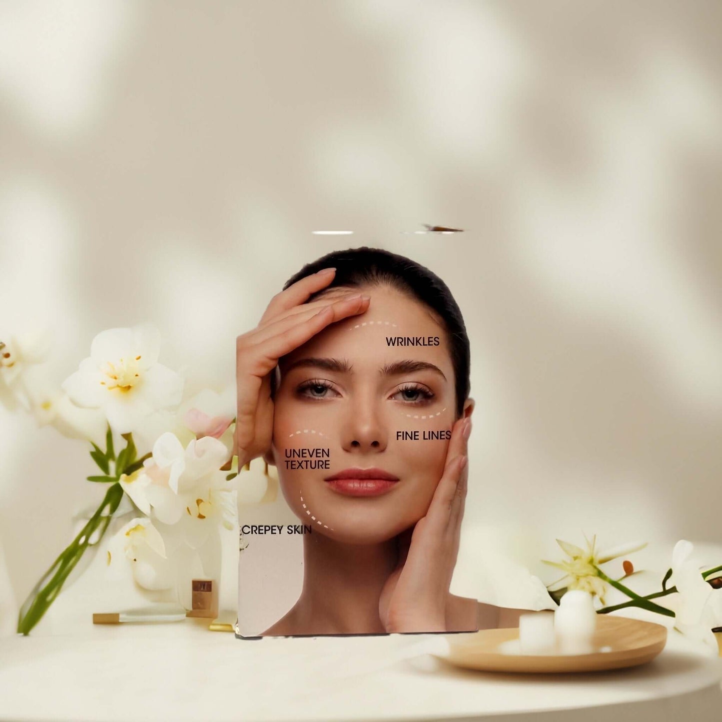 Woman holding face with highlighted skin concerns: wrinkles, fine lines, uneven texture, creepy skin in bright setting.