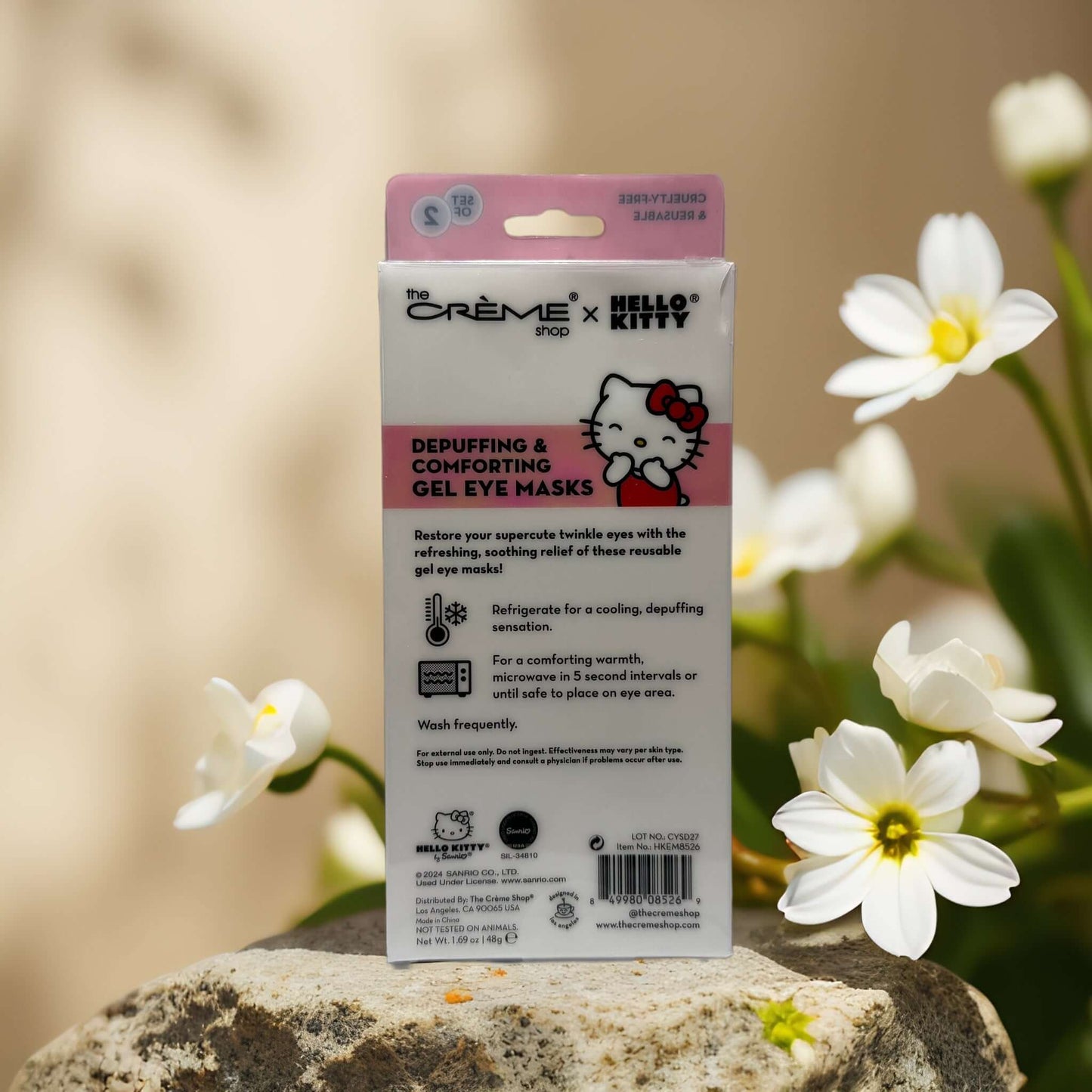 The Crème Shop x Hello Kitty gel eye masks packaging, offering depuffing and comforting relief for tired eyes.