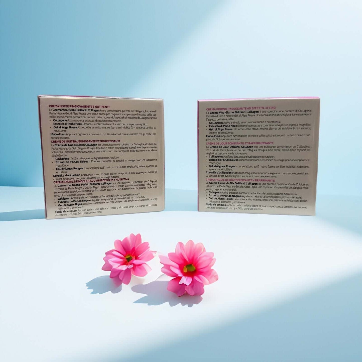 Delfanti Milano Collagen Moisturizer Cream Duo packaging with flowers
