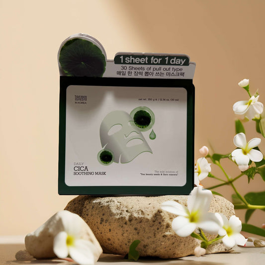 Tenzero Daily CICA Soothing Facial Mask Set packaging with floral accents, offering hydration and skin calming benefits.