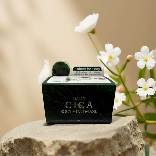 Daily CICA Soothing Mask by Tenzero, 30-sheet pack for gentle hydration and skin calming.