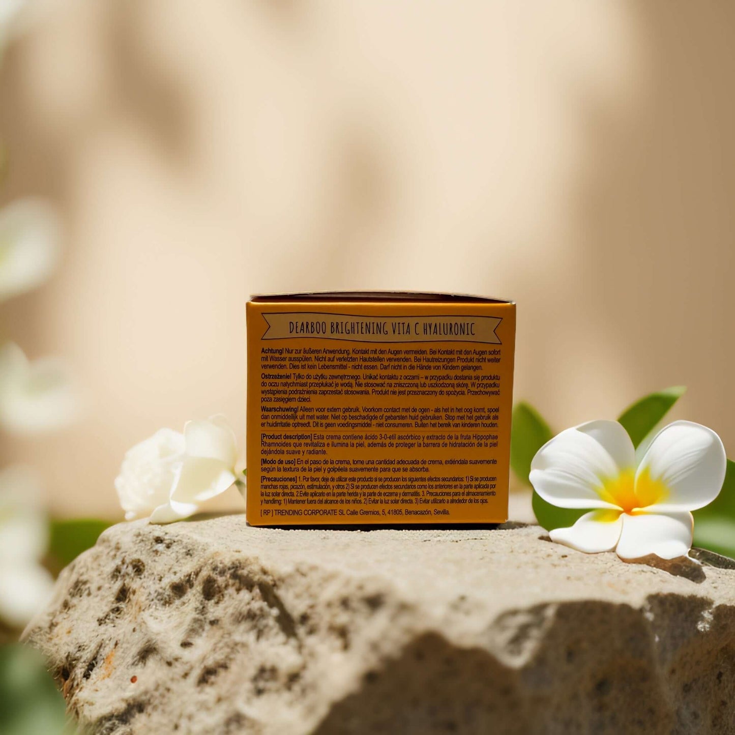 Brightening Support face cream by Dearboo, featuring Vitamin C and Hyaluronic Acid, displayed outdoors.