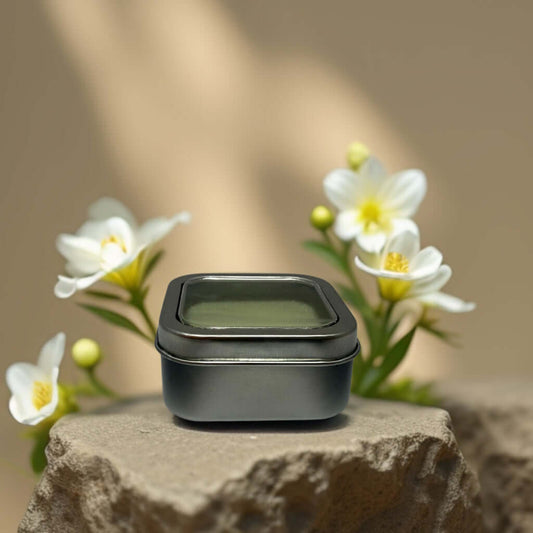 POS Deep Nourishment body balm in a tin, surrounded by flowers, against a soft, natural background.