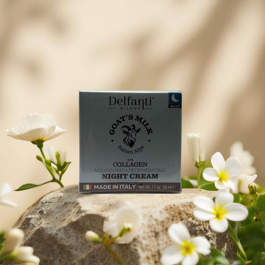 Delfanti Goat's Milk Night Cream 1.7 oz box in floral setting, Italian-made, collagen-boosted formula for radiant skin.
