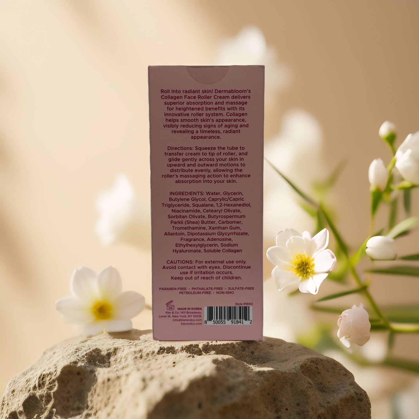 Back of Dermabloom Collagen Face Roller Cream showing usage directions, ingredients, and product details.