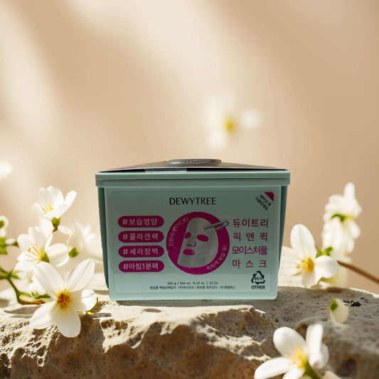 Dewytree Daily Moisture Boost sheet mask tub with floral background, offering hydration and skin nourishment.