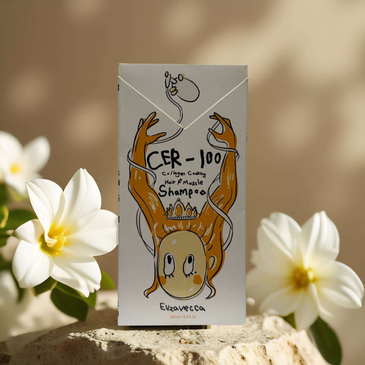 Elizavecca CER-100 Collagen Shampoo packaging with floral background, designed for stronger, healthier hair.