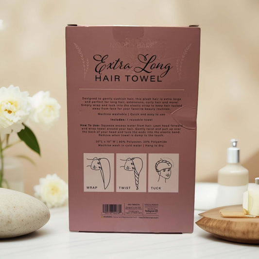 Extra Long Hair Towel box design with usage instructions.