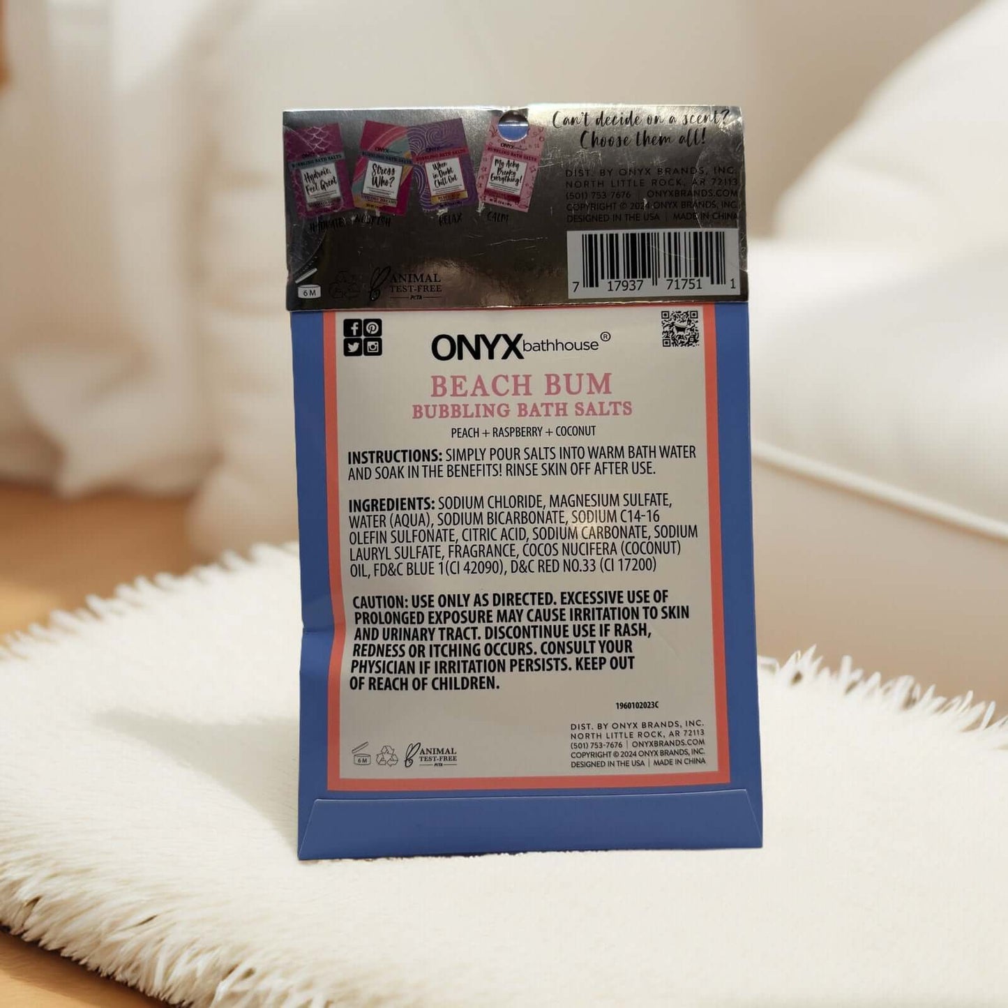 Onyx Beach Bum Bubbling Bath Salts packaging with instructions