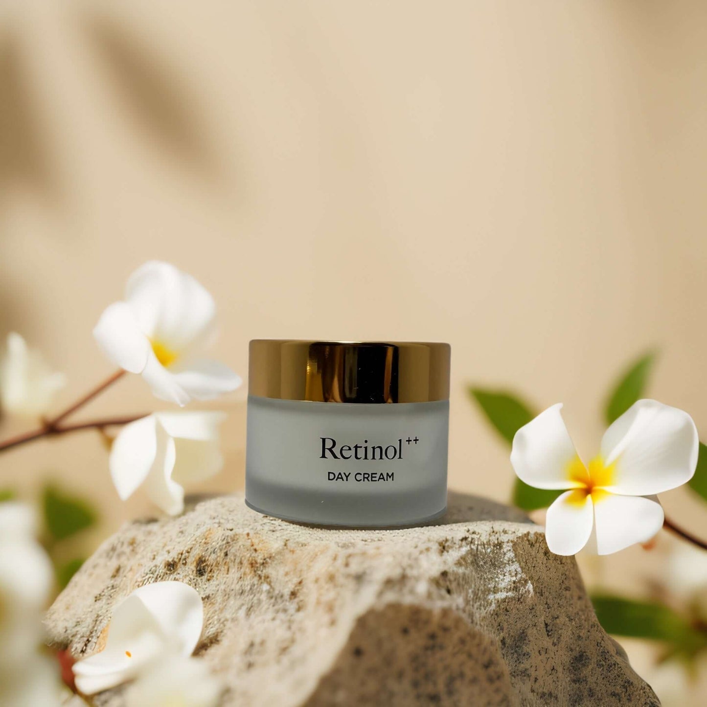 Retinol++ Timeless Day Cream on stone surrounded by flowers, designed for mature skin hydration and anti-aging.