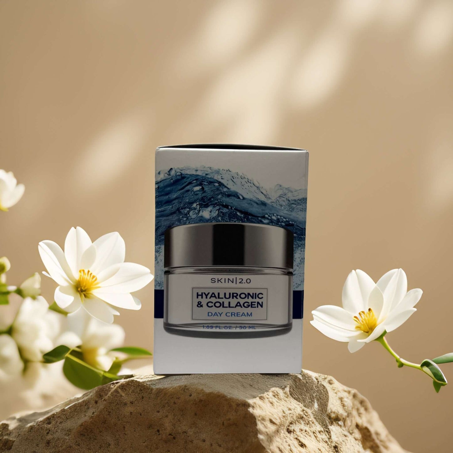 Firming Daily Hydration Day Cream by Skin 2.0 with hyaluronic acid and collagen, surrounded by flowers.