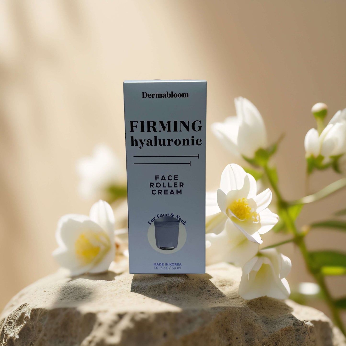 Dermabloom Firming Hydration Face Roller Cream in box, hyaluronic acid formula for firming and hydrating skin.