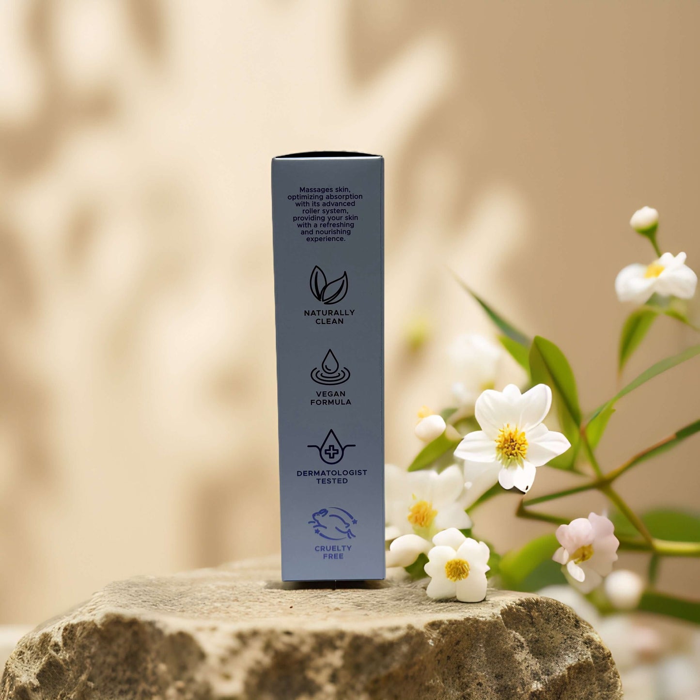 Firming Hydration Face Roller Cream features natural, vegan, and dermatologist-tested benefits on packaging.