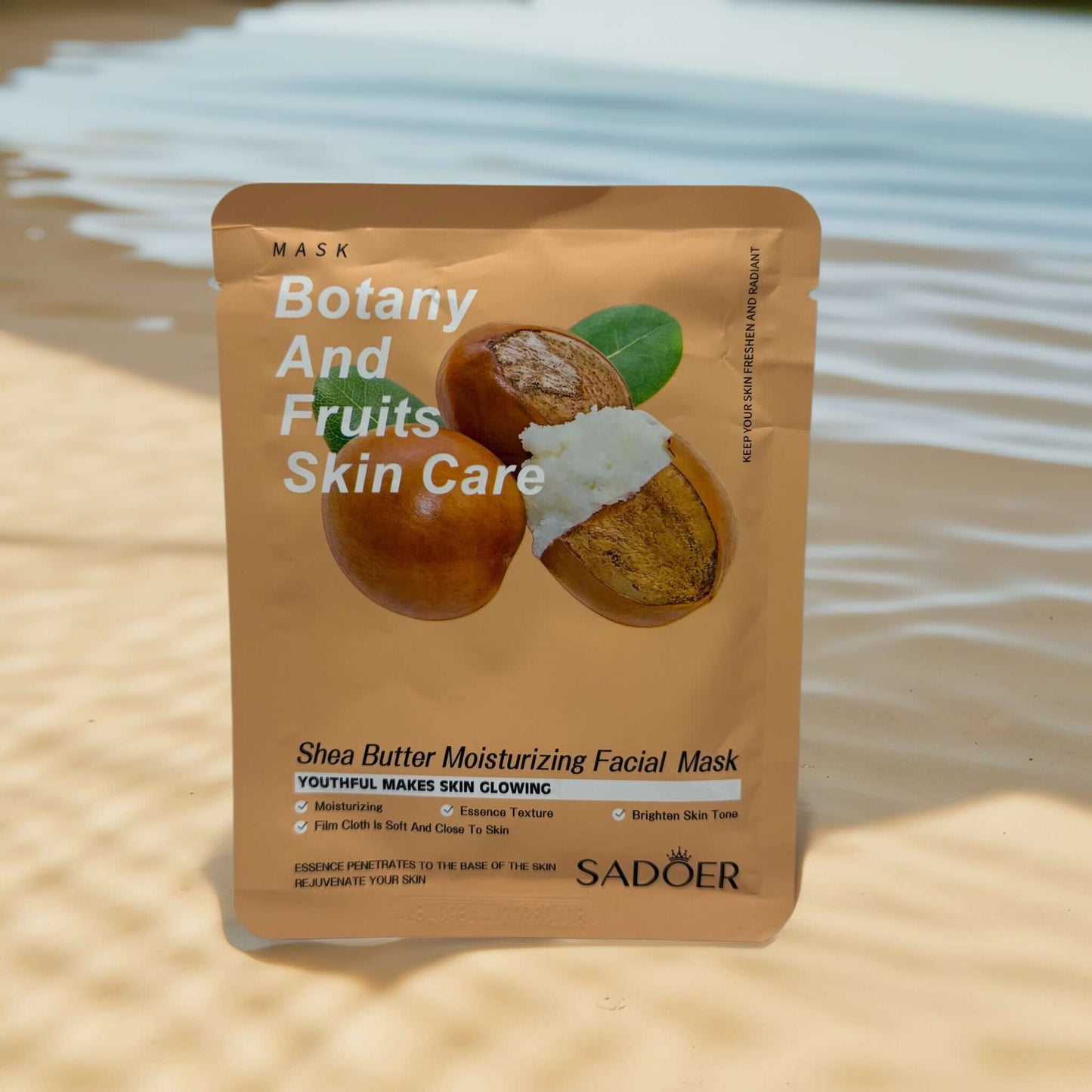 SADOER Shea Butter Moisturizing Facial Mask for youthful, glowing skin, featuring botany and fruits skin care.