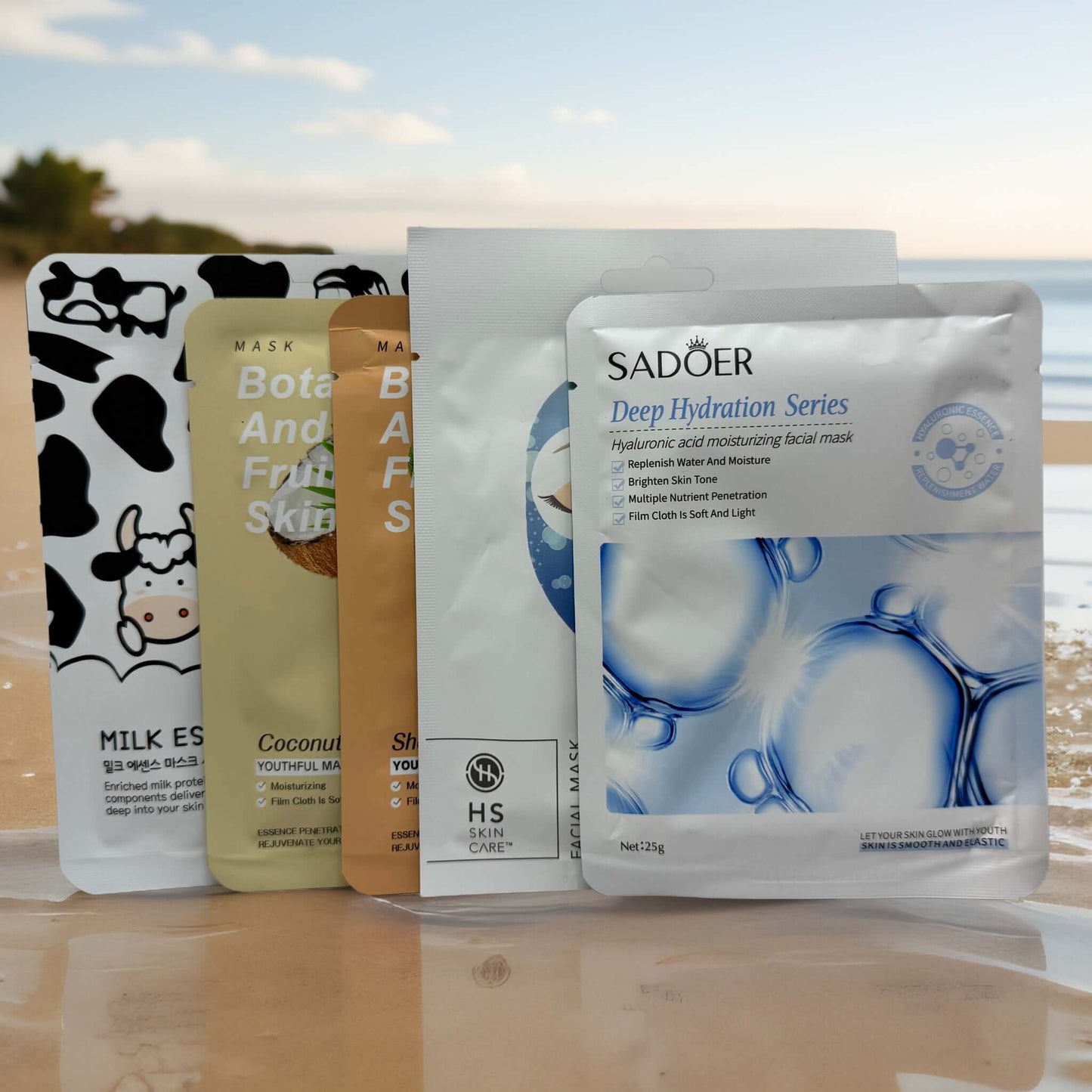 Five sheet masks for hydration, including Milk Essence and Coconut, for soft, bouncy skin.
