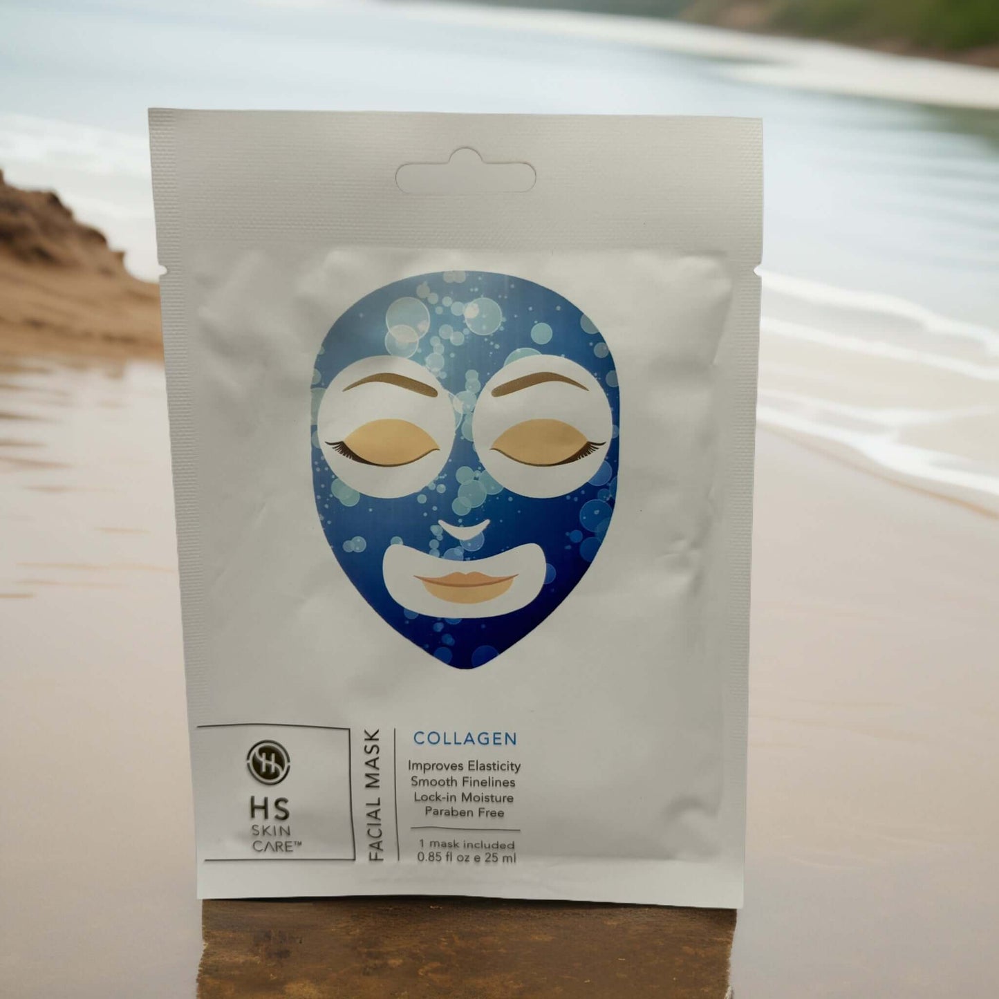 Collagen facial mask pack showcasing hydration benefits for skin elasticity and moisture restoration.
