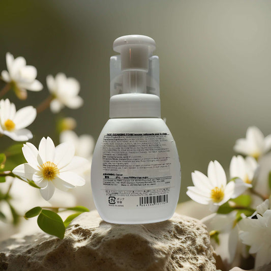 Sana Gentle Pore Cleanse foaming face wash bottle with floral background, showcasing ingredients and benefits.