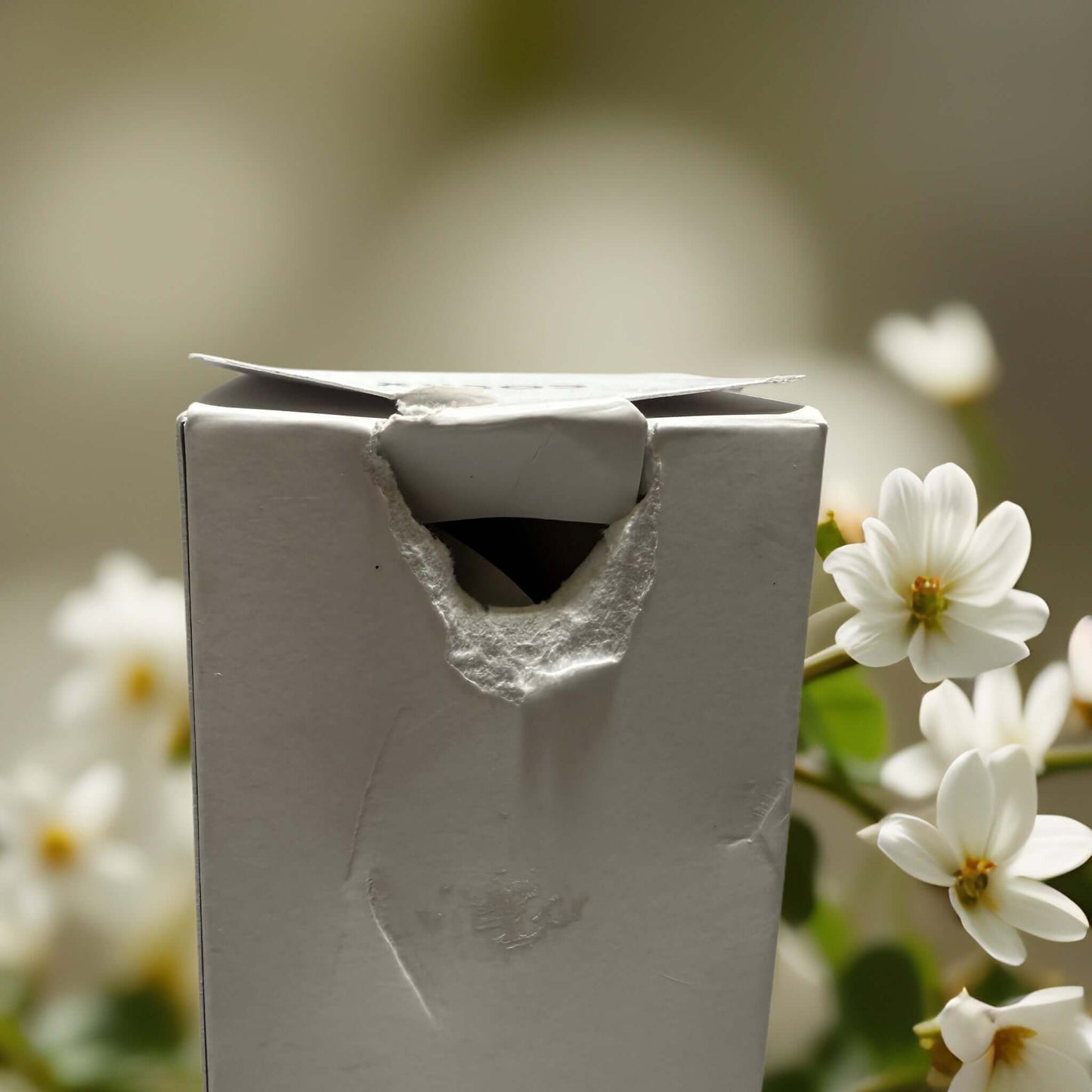 Close-up of a partially opened white box with flowers in the background, showcasing its design.