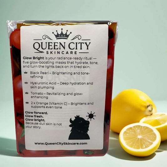 Custom sheet masks from QCS, featuring brightening ingredients like vitamin C and niacinamide for radiant skin.