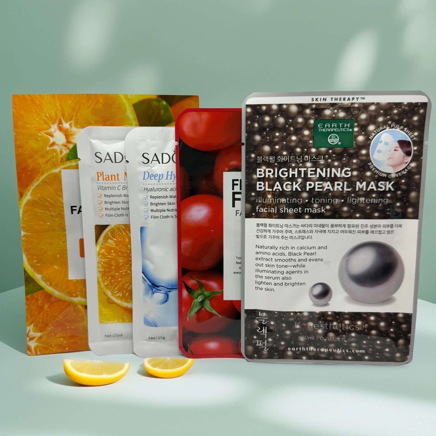 Brightening sheet masks assortment featuring vitamin C, fruits, and black pearl formulas for luminous skin.