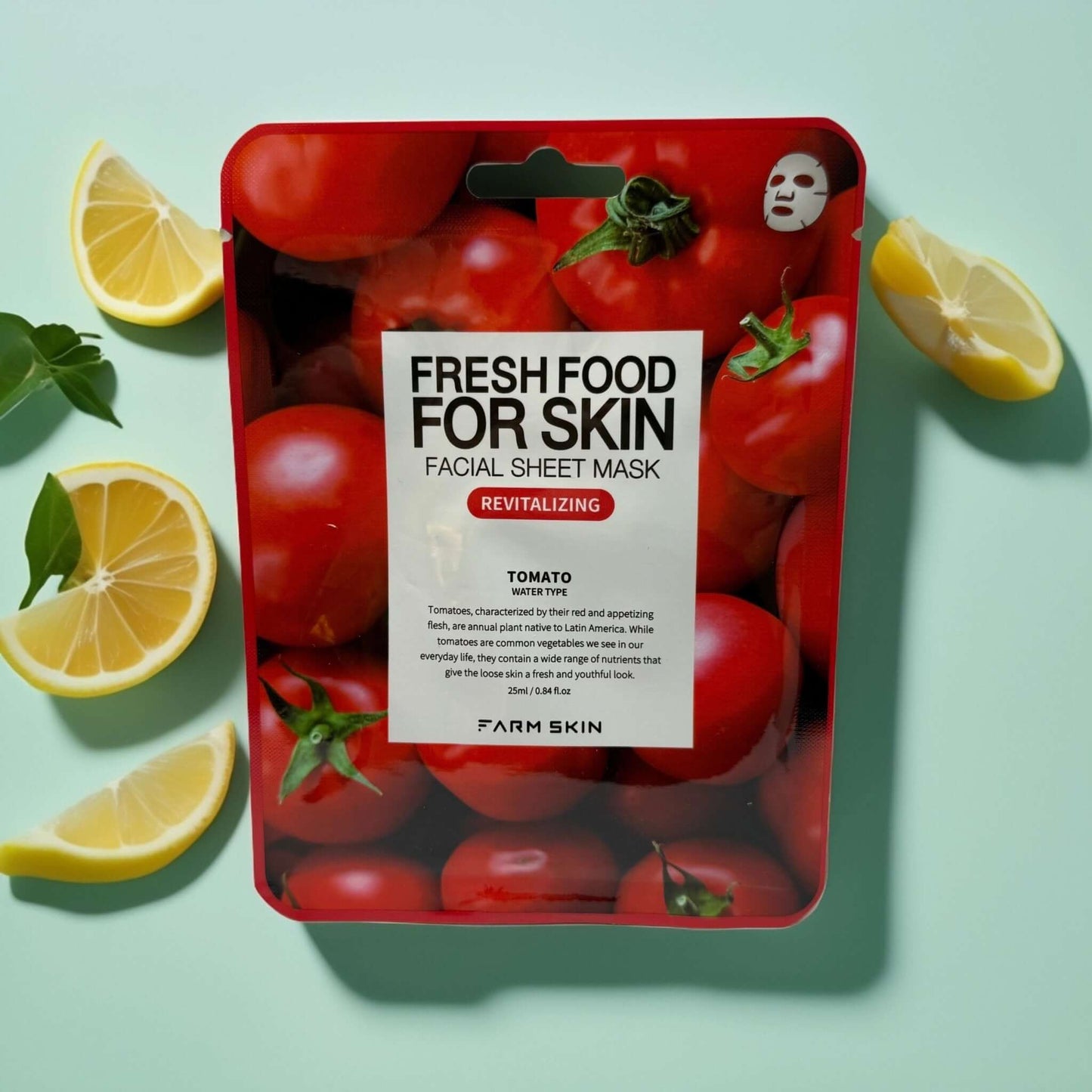 Revitalizing tomato facial sheet mask with fresh tomatoes and lemons, designed for glowing skin.