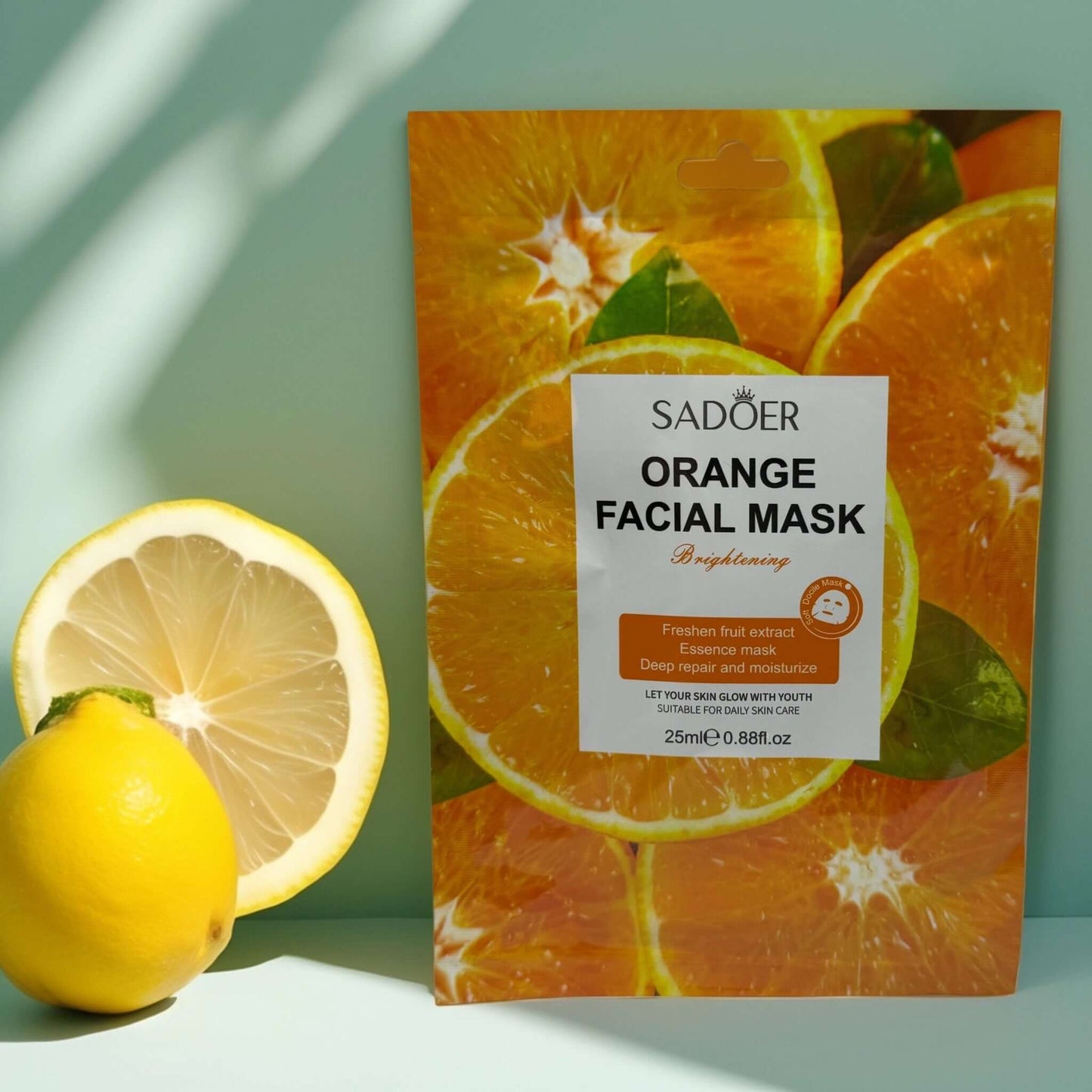 Sadoer Orange Facial Mask with brightening ingredients, featuring fresh oranges and lemons.