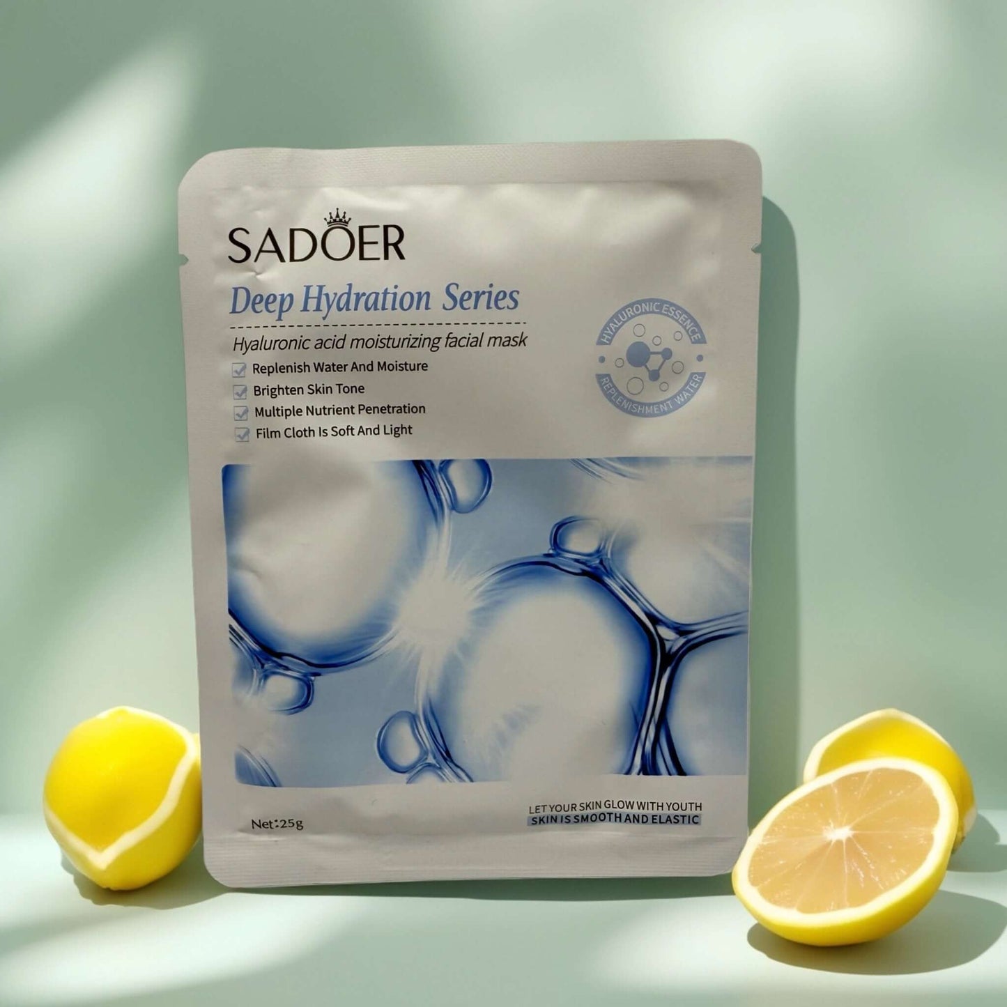 Sadoer Deep Hydration facial mask with hyaluronic acid, enhances moisture and brightens skin tone.