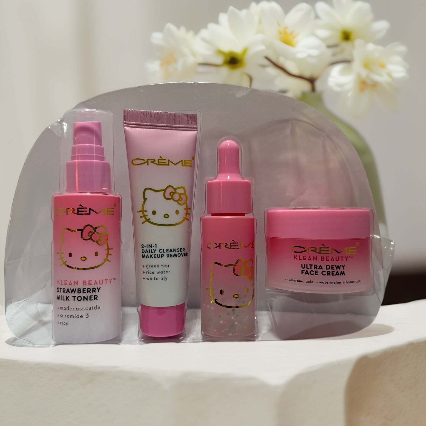 Klean Beauty Hello Kitty Skincare Set with four pink products