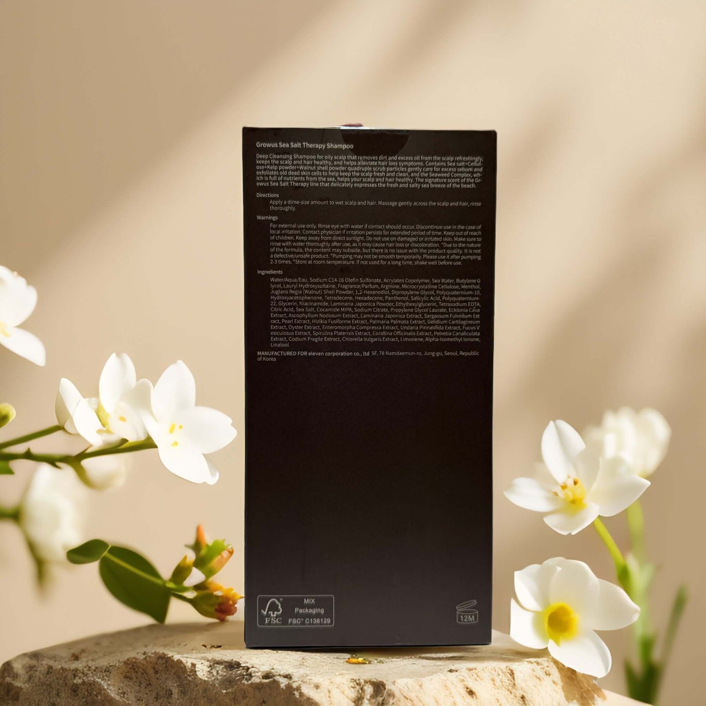 Growus Sea Salt Therapy Shampoo packaging back with product details and ingredients for oily scalps.