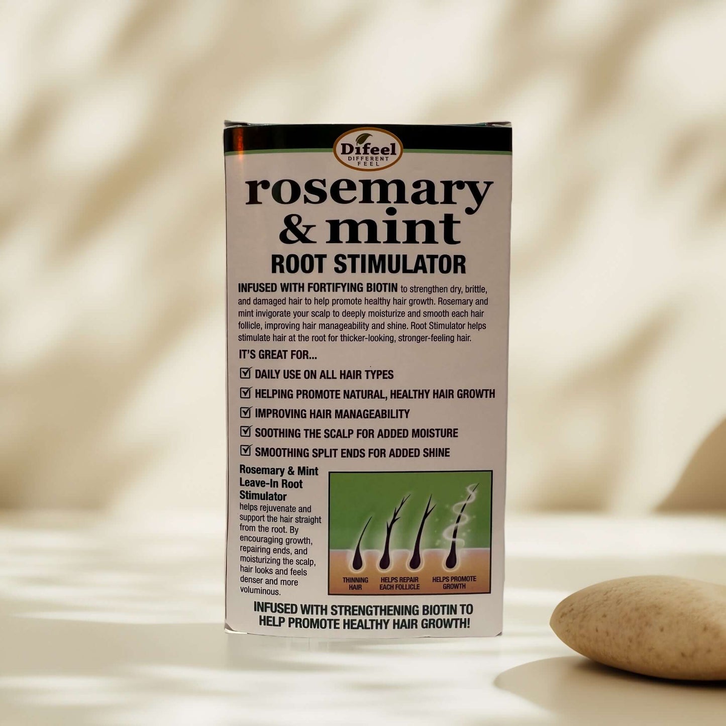 Difeel Rosemary & Mint Root Stimulator for healthy hair growth.