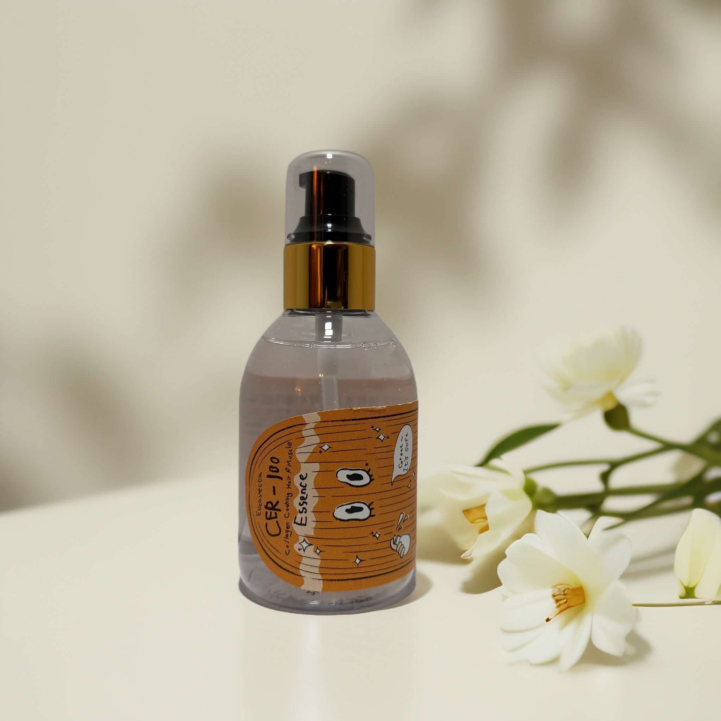 Elizavecca CER-100 Collagen Essence bottle with floral background