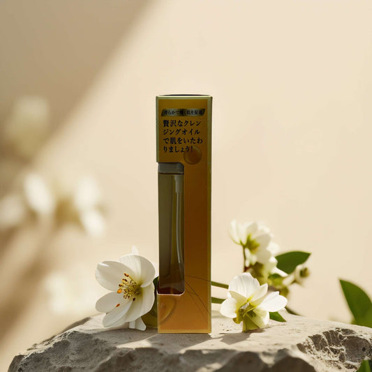 Honey Cleansing Oil product packaging with white flowers, showcasing deep hydration and makeup removal benefits.