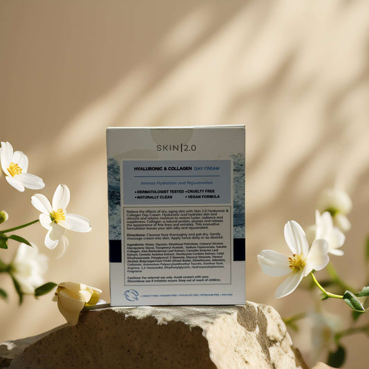 Skin 2.0 Hyaluronic & Collagen Day Cream box with floral accents, 1.69 fl oz, dermatologically tested and vegan.