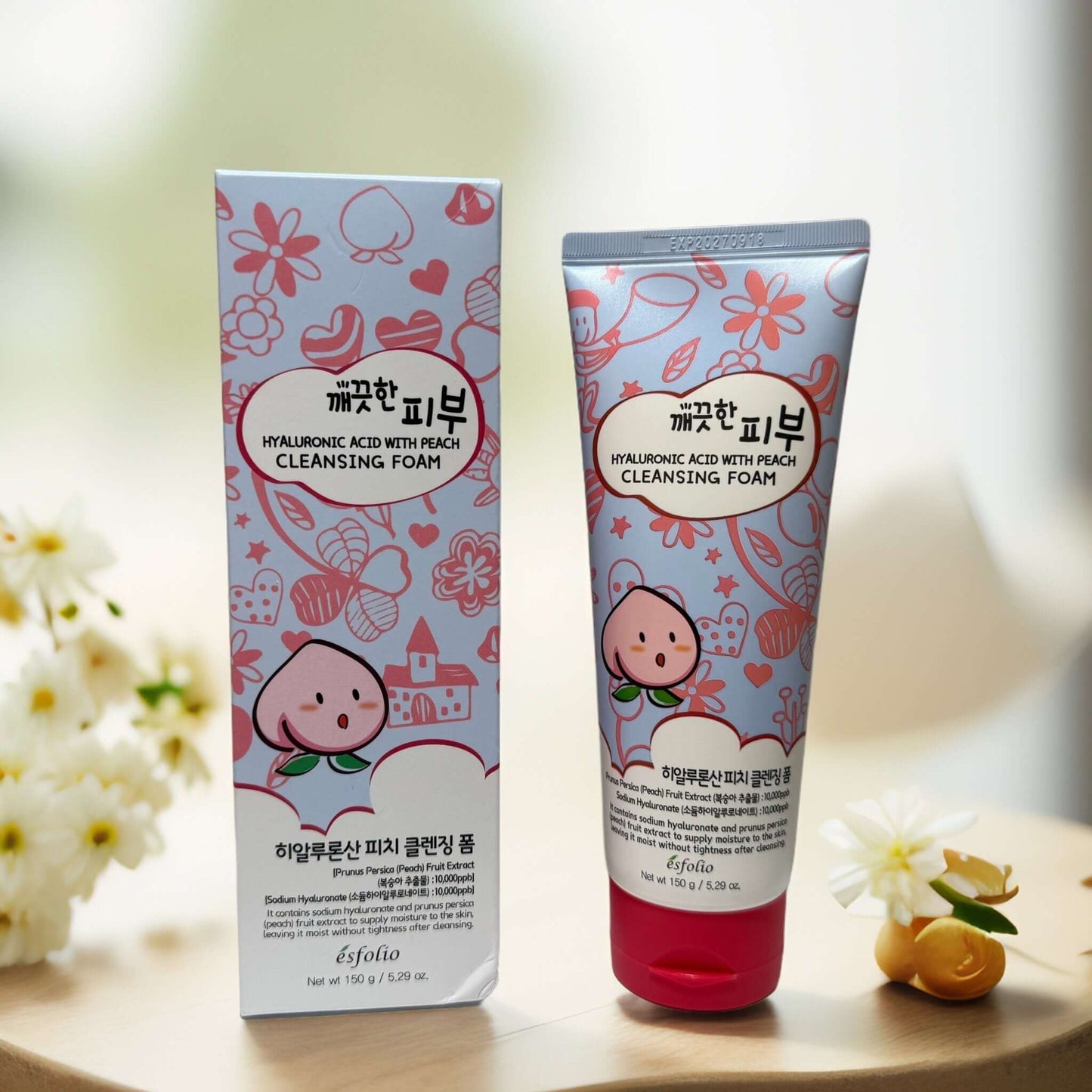 Esfolio Hyaluronic Acid with Peach Cleansing Foam packaging and tube.