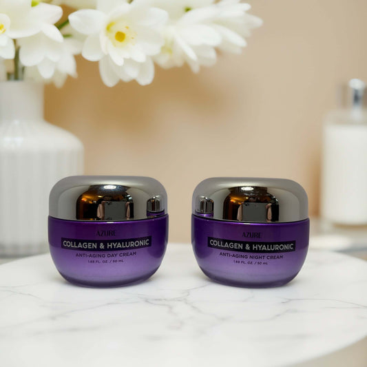 Azure Collagen & Hyaluronic Day and Night Cream Duo on marble