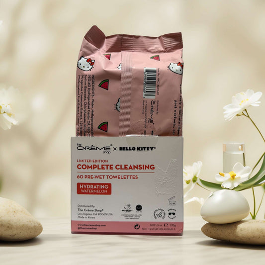 The Crème Shop x Hello Kitty hydrating cleansing wipes package.