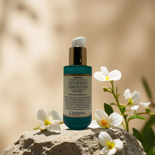 Hydration Boost ultra hydrating facial serum on a rock with flowers, showcasing moisturizing benefits and application directions.