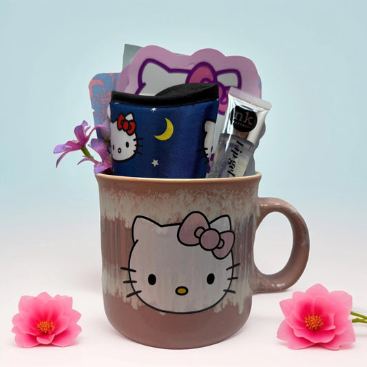 One of a Kind Curated Gift Box with a Handmade Skincare Product by Queen City Skincare in a Hello Kitty mug.
