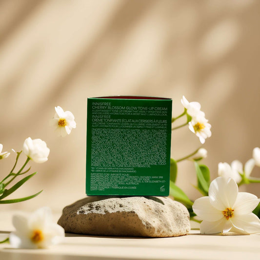 Innisfree Cherry Blossom Glow Tone-Up Cream packaging, highlighting radiant, luminous skin benefits. Perfect for fresh, bright looks.