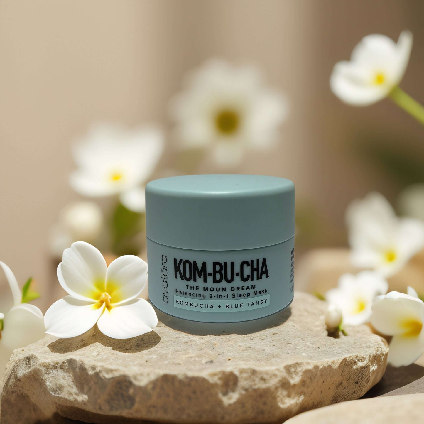 Avatara KOM-BU-CHA Sleep Mask jar with flowers, balancing and brightening overnight facial treatment.