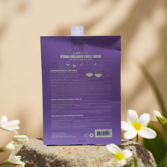 Back of LAPCOS Hydra-Collagen Chest Mask packaging with instructions and ingredients.