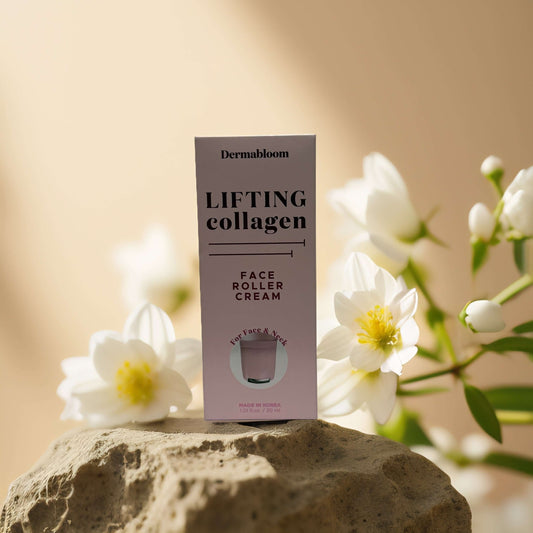 Dermabloom Lifting Collagen Face Roller Cream packaging on a rock with flowers, promoting skincare benefits.