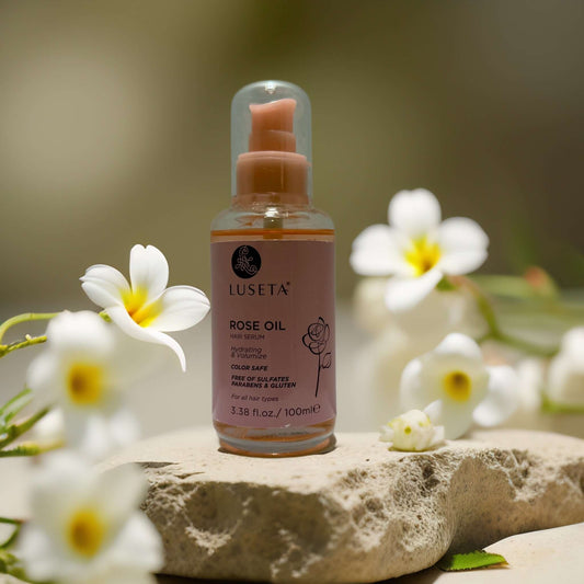 Luseta Rose Oil Hair Serum, 3.4 fl oz, for shine, volume, and hydration with rose and argan oil.