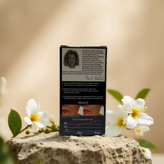 Back of Merle Roberts Smoothing Overnight Care cream packaging with floral background, highlighting retinol benefits.