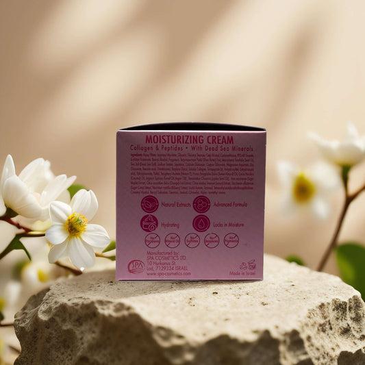Collagen face cream packaging featuring moisturizing cream details with Dead Sea minerals and natural ingredients.