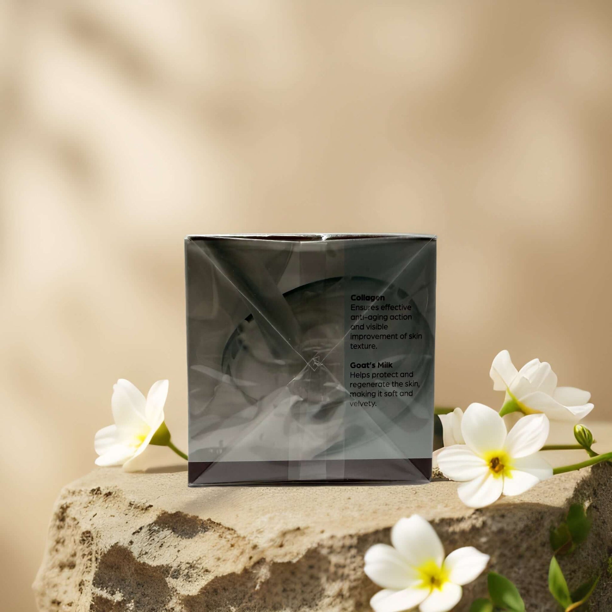 Delfanti Goat’s Milk Night Cream box showcasing collagen and soothing ingredients with white flowers.